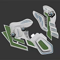 Cartoon Futuristic City Scene with Blue White Towers Green Geometric Platforms and Modern 3D Design