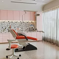 Pediatric Dental Clinic Interior With Pink Cabinets Treatment Chair And Murals