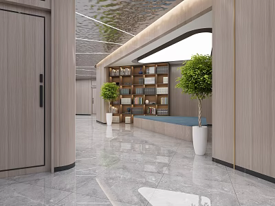 Modern Elevator Hallway With Wooden Doors Marble Flooring Bookshelves And Green Plants 3d model