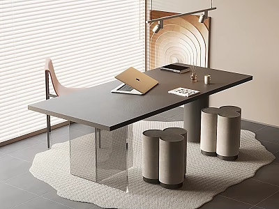 Modern Table and Chair Set with Black Top Clear Acrylic Legs and Round Stools 3d model