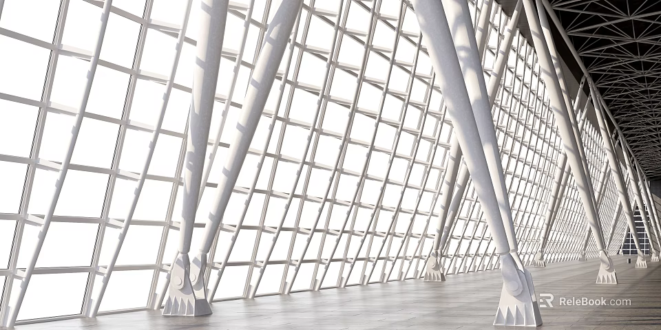 Modern Architectural Interior With Glass Grid Walls White Support Columns And Light Floor 3d model