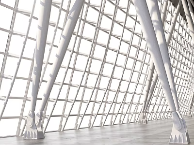 Modern Architectural Interior With Glass Grid Walls White Support Columns And Light Floor 3d model