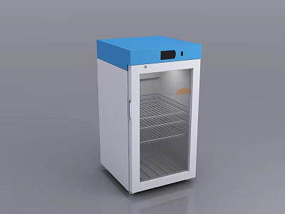 Laboratory Refrigerator With Blue Top Glass Door And Stainless Steel Shelves 3d model