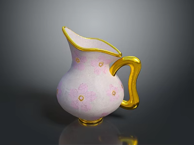 Pink Ceramic Pitcher With Floral Patterns And Gold Handle And Rim 3d model