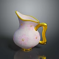 Pink Ceramic Pitcher With Floral Patterns And Gold Handle And Rim