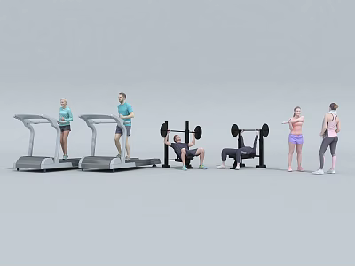 Group Of People Exercising In Gym With Treadmills Barbells And Workout Equipment 3d model