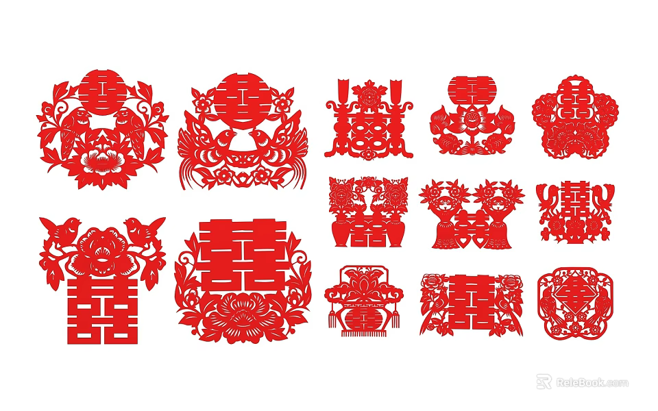 Traditional Red Double Happiness Paper Cut Carvings For Festive Decorations 3d model 