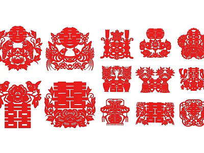 Traditional Red Double Happiness Paper Cut Carvings For Festive Decorations 3d model