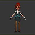 3D Animated Character With Red Hair Green Eyes Green Vest White Gloves And Gray Skirt