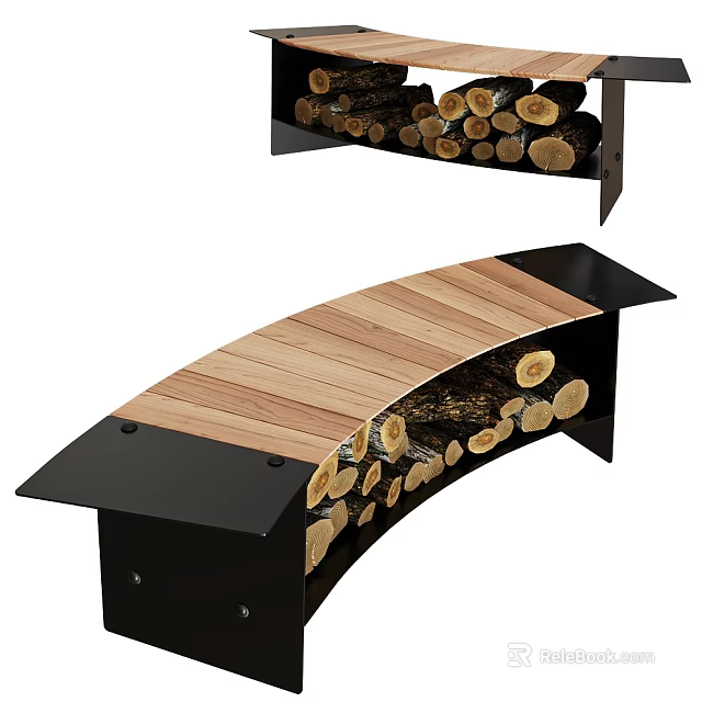Outdoor Chair With Wooden Slats And Metal Frame For Log Storage 3d model 