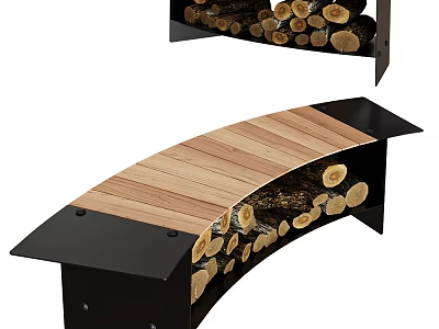 Outdoor Chair With Wooden Slats And Metal Frame For Log Storage 3d model