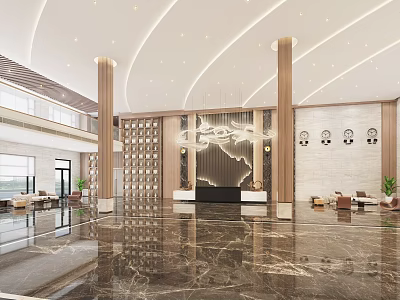Modern Hotel Lobby Interior With Marble Floor Tall Columns Reception Desk And Chandelier 3d model