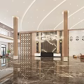 Modern Hotel Lobby Interior With Marble Floor Tall Columns Reception Desk And Chandelier