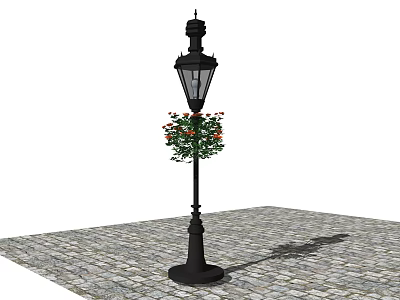 Black Iron Outdoor Lamp with Flower Pot Holding Red Green Blooms Standing on Stone Pavement 3d model