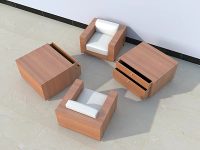 Wooden Cube Shaped Single Sofa with White Cushions and Side Tables 3d model