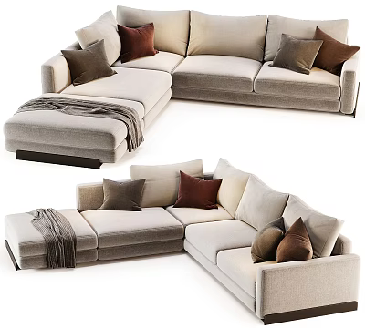 Light Beige Fabric Sectional Sofa With Brown Pillows And Throw Blanket 3d model