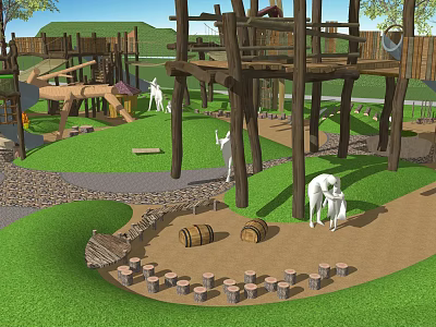 Outdoor Children's Adventure Playground With Wooden Climbing Frames Slides Barrels And Stumps 3d model
