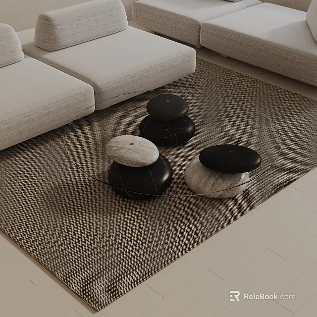 Modern Light Gray Sofa with Black White Marble Coffee Tables on Woven Carpet Living Room 3d model 