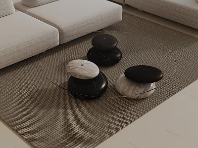 Modern Light Gray Sofa with Black White Marble Coffee Tables on Woven Carpet Living Room 3d model