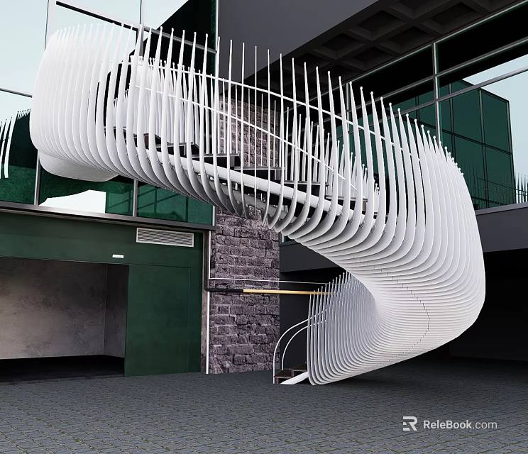 White Linear Design Spiral Staircase With Green Wall Glass And Stone Wall Modern Interior Architecture 3d model 