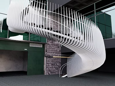 White Linear Design Spiral Staircase With Green Wall Glass And Stone Wall Modern Interior Architecture 3d model