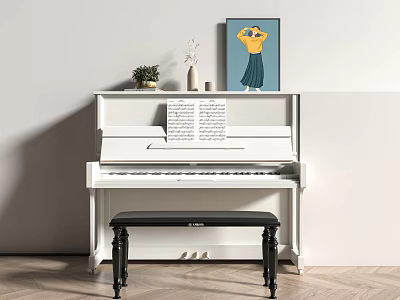 White Piano With Music Sheet And Art Painting Interior Scene With Potted Plant And Vase 3d model