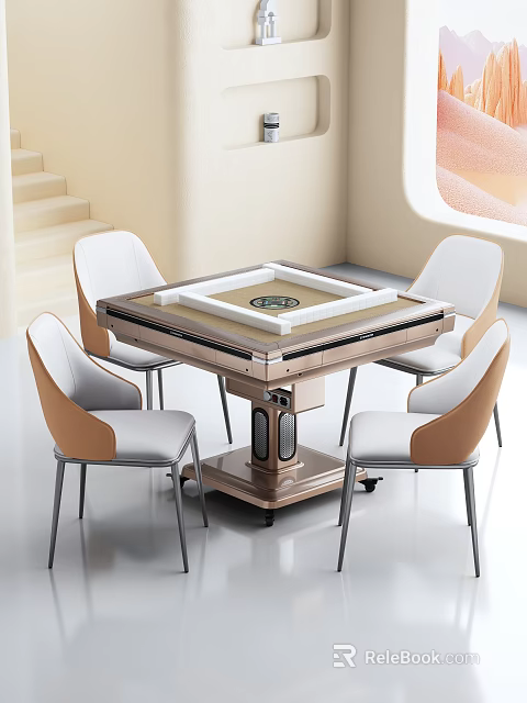 Modern Multi Functional Table With Four White And Brown Upholstered Chairs And Circular Center Panel 3d model 