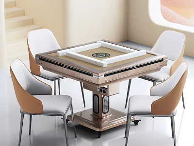 Modern Multi Functional Table With Four White And Brown Upholstered Chairs And Circular Center Panel 3d model