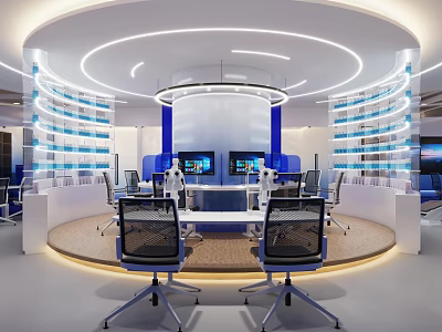 Modern Specialty Store Interior With Circular Layout White Blue Display Shelves Screens And Chairs 3d model