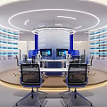 Modern Specialty Store Interior With Circular Layout White Blue Display Shelves Screens And Chairs