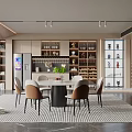 Modern Open Restaurant Interior Design With Round Dining Table Comfortable Chairs And Wine Cabinet 3d model