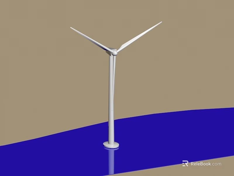 White Wind Turbine Tower with Three Blades Standing on Blue Water Surface and Brown Background 3d model 
