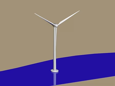 White Wind Turbine Tower with Three Blades Standing on Blue Water Surface and Brown Background 3d model