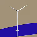 White Wind Turbine Tower with Three Blades Standing on Blue Water Surface and Brown Background