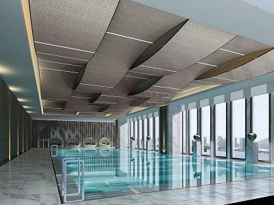 Spacious Indoor Swimming Pool Interior Design With Modern Ceiling Large Windows And Lounge Chairs 3d model
