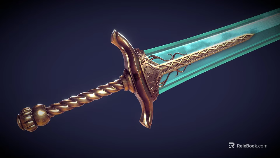 Ornate Fantasy Sword With Teal Blade Twisted Hilt And Metallic Design Elements 3d model 