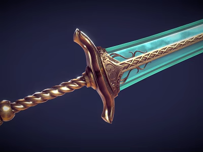 Ornate Fantasy Sword With Teal Blade Twisted Hilt And Metallic Design Elements 3d model