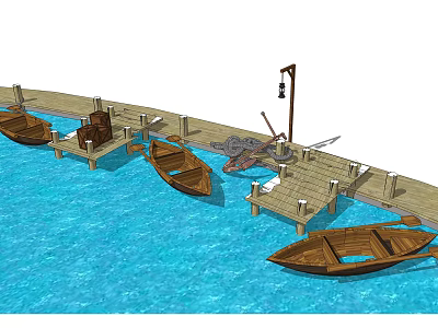 Traditional Wooden Boats Moored At Wooden Dock On Calm Blue Water 3d model