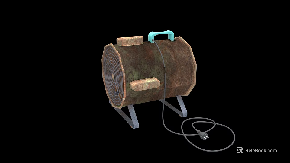 Industrial Workshop Wooden Drum Equipment With Metal Stand Blue Handle And Electric Cable 3d model 