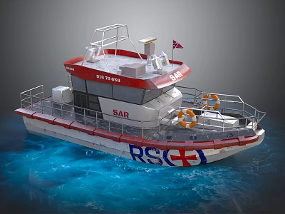 Red White SAR Rescue Boat With Railing Lifesaving Rings And Cross Logo On Blue Water 3d model