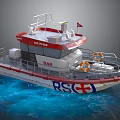 Red White SAR Rescue Boat With Railing Lifesaving Rings And Cross Logo On Blue Water