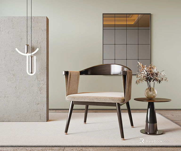 Modern Accent Chair With Wooden Frame Beige Fabric Cushion And Side Table Vase 3d model 