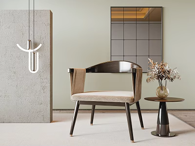 Modern Accent Chair With Wooden Frame Beige Fabric Cushion And Side Table Vase 3d model