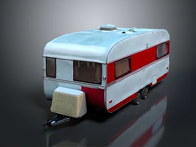 Vintage Red And White Caravan Trailer With Classic Windows And Wheels 3d model