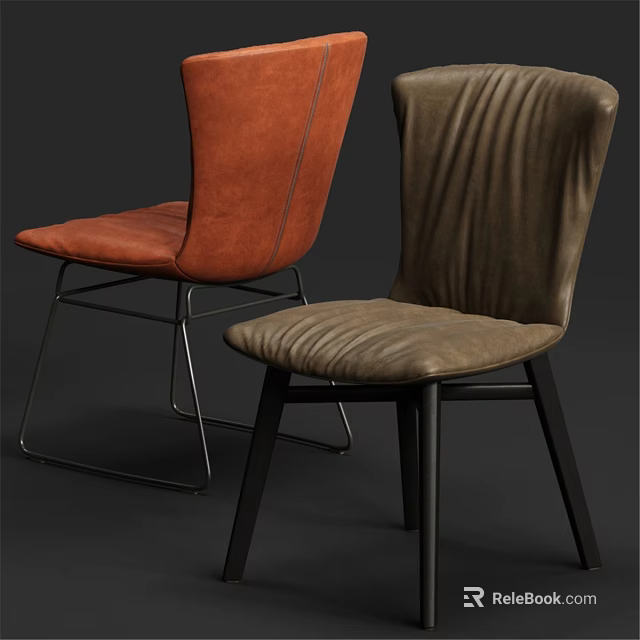 Modern Minimalist Leather Chairs in Orange and Brown with Metal Legs 3d model 