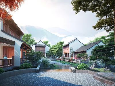 Traditional Ancient Architecture Courtyard With Slate Path Greenery Mountain View And Wooden Structures 3d model