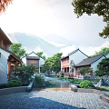 Traditional Ancient Architecture Courtyard With Slate Path Greenery Mountain View And Wooden Structures