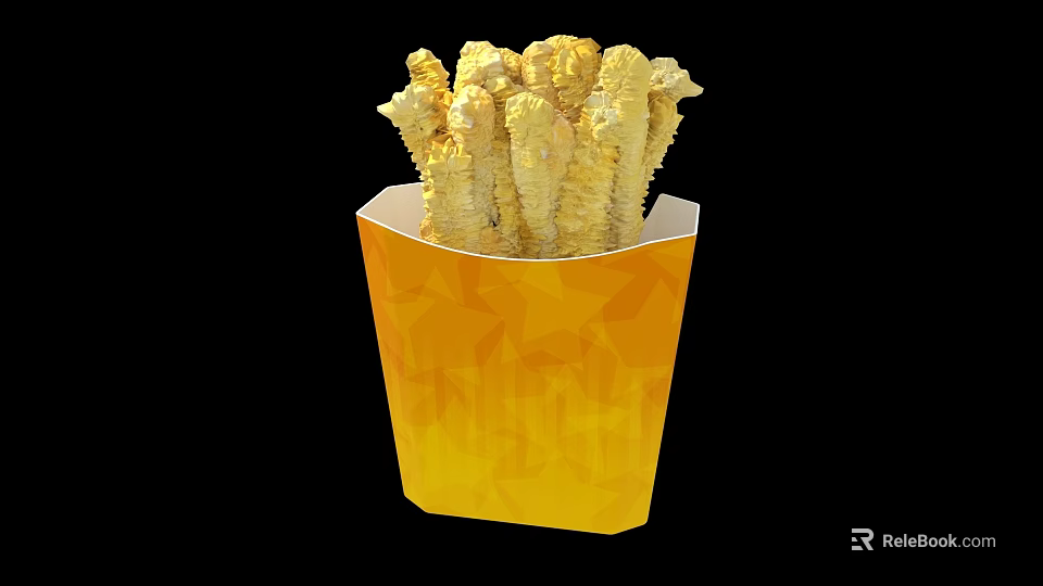 Golden Crispy French Fries In Yellow Paper Container Freshly Cooked 3d model 