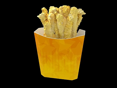Golden Crispy French Fries In Yellow Paper Container Freshly Cooked 3d model
