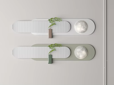 Modern Minimalist Wall Decor With Striped Design Round Moon Accents And Green Plants 3d model
